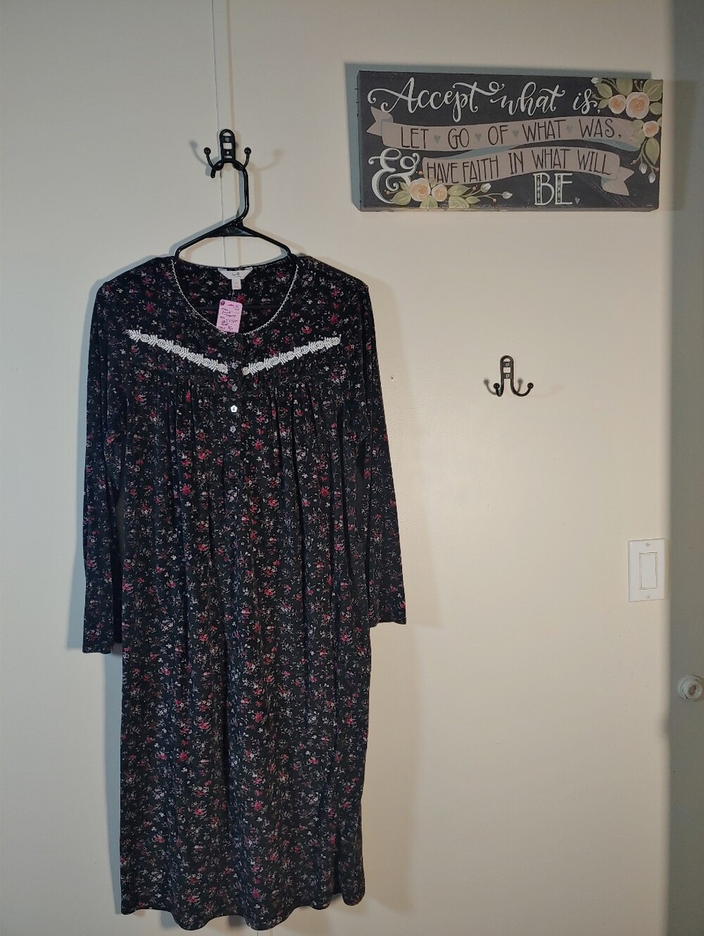 Like New Secret Treasures Medium 8-10 Black And Pink Floral Velour Nightgown